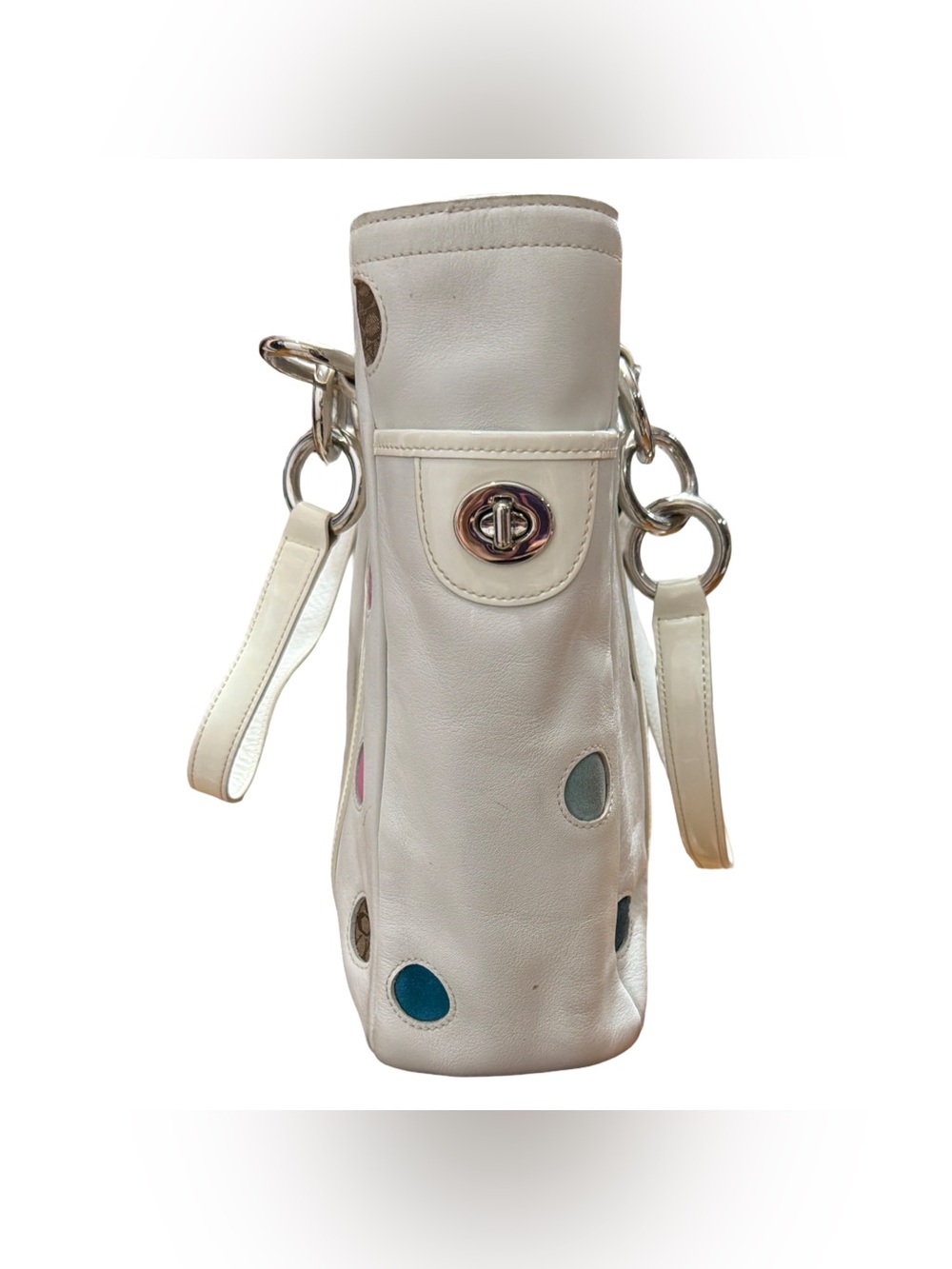 Coach β’ 9763 White Leather Multicolor Polka Dot Gallery Tote Shoulder Bag Y2K - Picture 3 of 16